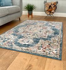 Bohemian Vintage Traditional Distressed Faded Blue Medallion Area Rug Mat