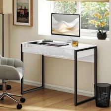 High Gloss Computer Desk with 2 Drawers Modern Home Office Desk White and Black