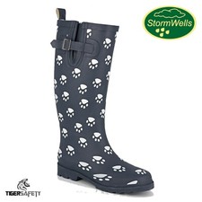 Stormwells Navy Blue Dog Paw Print Ladies Wide Calf Wellington Boots Wellies