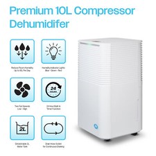 Prem-I-Air 10L Compressor Dehumidifier with 2 Fan Speeds - 2L Tank - 24hr Timer