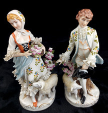 German Porcelain Figurine Pair Shepherdess & Shepherd Sheep 10" gift see pics