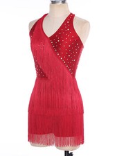 UK Women Girl Rhinestone Latin Rumba Dance Leotard Fringed Short Dress Dancewear