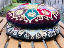 Pair of Moroccan Mirrored Hand Embellished Velvet Pillows Circle