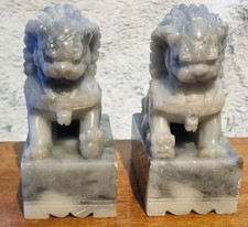Vintage Pair Of Well Carved Soapstone Temple Lions / Foo Dogs 12 Cm Tall