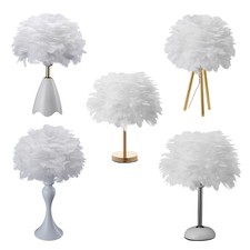 Fluffy White Feather Bedside Table Lamp Lampshade Desk Lamp Nigh Light LED Bulb