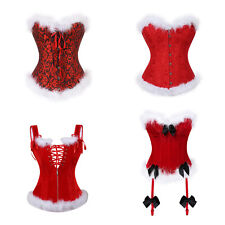 UK Womens Christmas Santa Costume Corset Feather Trim Lace-up Tops Lingerie