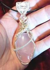 Very Large Silver Plated Wire Wrapped Rose Quartz Necklace