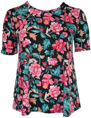 Black pink green floral print - black,