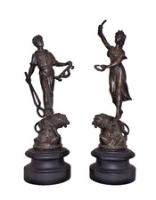 Antique French Spelter Figures Pair Le Travail Standing on Lions 30 cm Tall