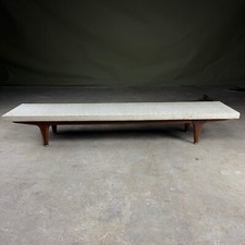 Vintage White Polished Concrete Coffee Table with Solid Teak Base & Brass Feet