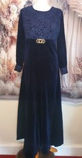 1960s Navy Velvet Maxi Dress Edwardian Revival Lace Bodice & Gold Buckle Belt