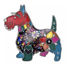 Scottie Scottish Terrier Metal and Painted Enamel Brooch Patchwork Red