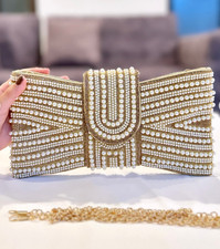 Women BOW Pearl Embellished Clutch Bag Bridal Wedding Evening Party Handbag