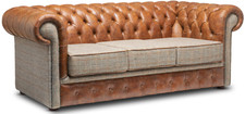 Chesterfield Three Seater sofa Harris Tweed and Vintage Tan Leather