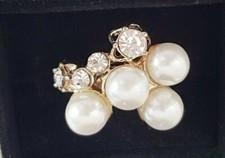 Ring ~ Pearl (Faux) & Diamantes ~ Pale Gold Tone Metal ~ UK Size L 1/2