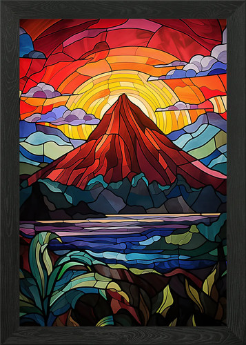 Stained glass volcano - glass, framed