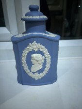 Vintage Wedgwood Blue Jasper Ware Cameo Tea Caddy Decanter Lidded Bottle, (Mint)