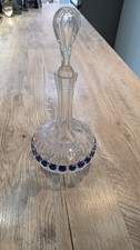 Vintage Bohemian Cut to Clear Crystal Decanter Cobalt Blue Czech Glass 1960s