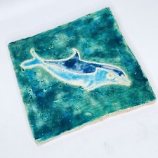 Vintage Dolphin Whale Fish Art Tile 14.5x14.5cm Green Blue Rustic Ceramic Block