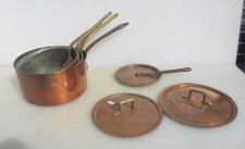 Antique Copper Pan Set Kitchen Iron & Brass Handles French Old Pans Sauce Lids