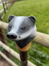 Badger Head Hand Carved in Lime Wood Walking stick on Hazel Shank