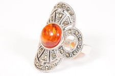 Sterling Silver and marcasite ring with central amber panel size S