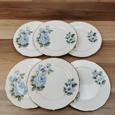 6 x Vintage Queen Anne Blue Floral Bone China 6.25" Side Plates