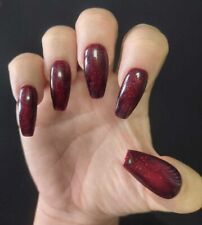 24 Hand Painted Gel Press On False Nails Dark Red Glitter Coffin Stiletto Square