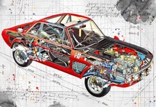 Lancia Fulvia Rallye 16 HF  Technical Line Drawing Cutaway Art Poster Print