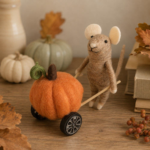Felt mouse pushing pumpkin - pushing,