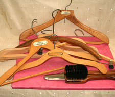 SIX VINTAGE WOODEN COAT / TROUSER HANGERS, BERWICK ST. LONDON, CLOTHES BRUSH