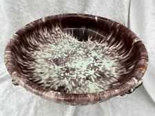 JASBA Keramik-MCM German Pottery Bowl-Brown & Aqua Drip Glaze-Applied Flowers