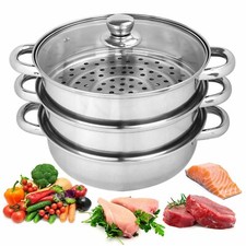 3 Tier Vegetable Steamer Pan Set 25cm Food Stainless Steel Pot Cooking Glass Lid