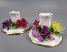 Pair Candle Holders Candlesticks by Crown Staffordshire. Bone China Flowers. VTG
