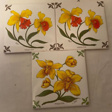 3 Madeira Portugal Floral Tiles Hand Painted Cork Back 15cm, Daffodils