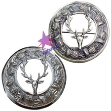 CC Men's Scottish Stag Head Kilt Brooch Fly Plaid Antique/Chrome Finish 3"
