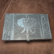 Silver Coloured Trinket Jewellery Box Elephant Design Rectangular Hinged Lid
