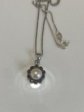 Sterling Silver Marcasite Flower Pendant with Freshwater Pearl and Chain 46 cm