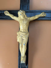Vintage heavy wall-hanging crucifix, possibly enamelled or gessoed and painted