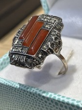 Vintage 9 Carat Gold & Silver Marcasite Ring Carnelian Stones 7.6g Size P / Q