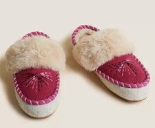 M&S Ladies Mule Slippers, Faux Fur, Embroidery, Pink, UK Size 6, Euro 39.5, New