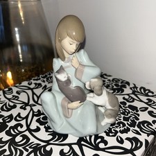 Lladro CAT NAP Figurine Girl Green Dress Sleeping Kitten Cat & Puppy #5640 MINT