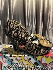 Irregular Choice Euro 40 Black Lace&gold Bow “Nick Of Time” Glitter Court Heels