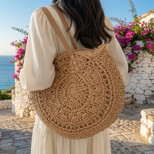 Round raffia woven tote - round,
