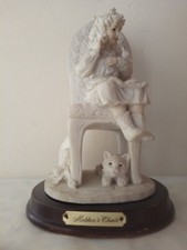 Preowned Vintage  Resin & Wood Figure Statue - Mothers Chair - Girl Cat Bird Hat