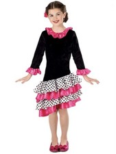 Flamenco Dress Girls Pink Black Spanish Dancer Halloween Costumes L Age 10 11 12