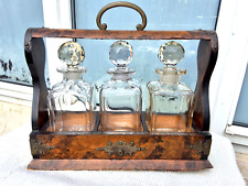 LARGE VICTORIAN WALNUT TANTALUS 3 CUT GLASS DECANTER