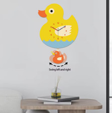 Yellow Duck Wooden Wall Clock – Silent Swinging Pendulum, 10"-16" Sizes