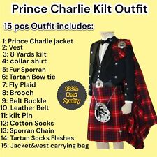Men's Traditional Scottish Tartan 8 yard kilt Jacket Outfit 15 Pcs Wedding set.