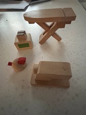 Toy accessory set in wood: sewing machine, toaster, ironing board and kettle